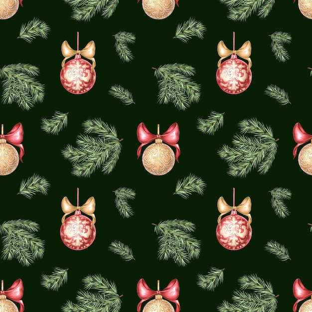 Christmas balls witn bows and pine twig seamless pattern vintage hand drawn watercolor