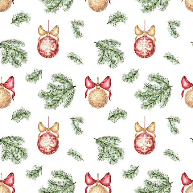 Christmas balls witn bows and pine twig seamless pattern vintage hand drawn watercolor