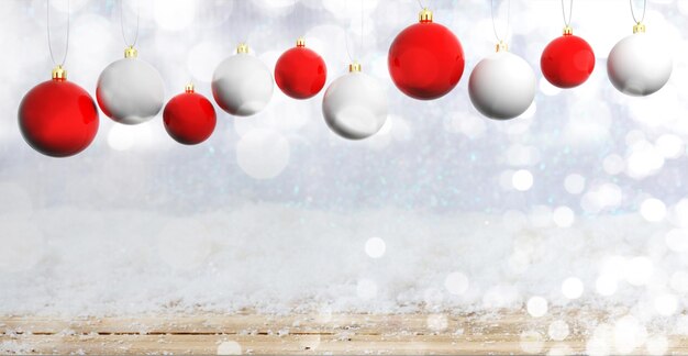 Christmas balls on wooden background with snow copy space 3d illustration