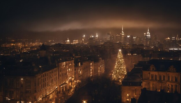 Christmas banner against a backdrop of a beautifully lit city skyline