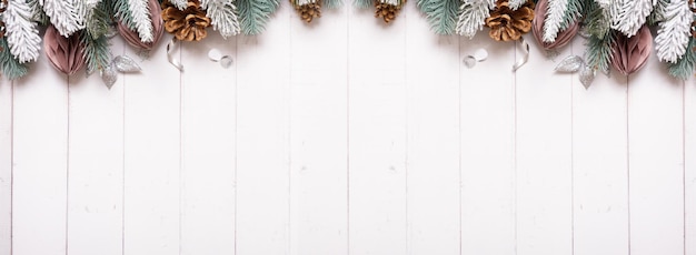 Christmas banner flat lay composition from pine cones balls on wooden background top view Copy space