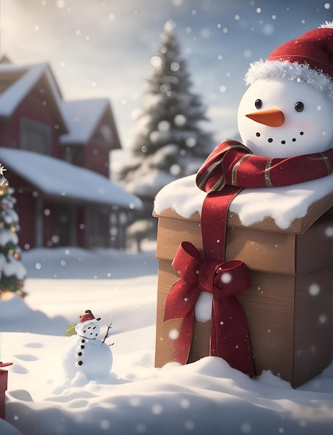 Christmas banner of gift boxes on snow outside with snowman Generative AI