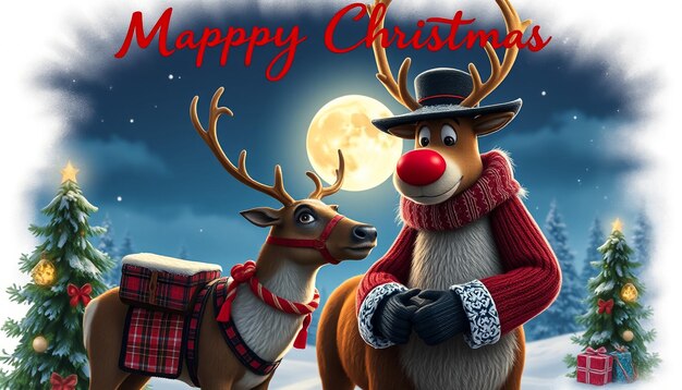 Photo christmas banner with cartoon santa claus and reindeer singing in the snow