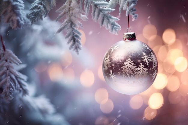 Christmas bauble fir twigs and sparkling snow copyspace AI generative Xmas greeting background