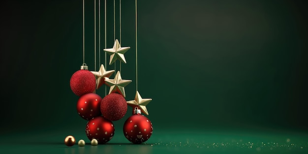 Christmas baubles with gold stars on green background and space for text