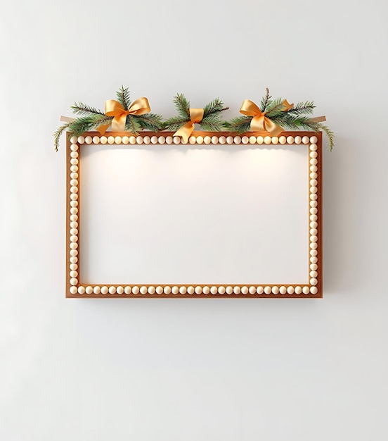 Photo christmas beaded wooden frame adorned along the frame with cedar garlands and golden ribbons artis