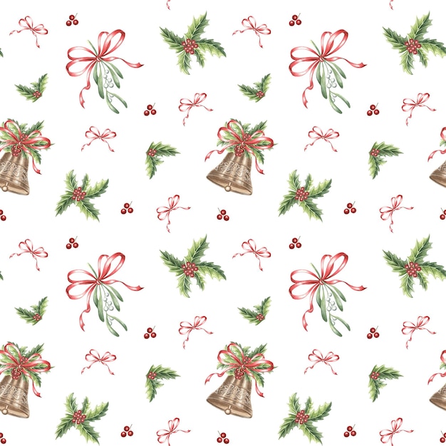 Christmas bell and mistletoe witn bow and holly seamless pattern hand drawn watercolor