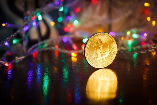 Christmas bitcoin garland gifts and fir branches