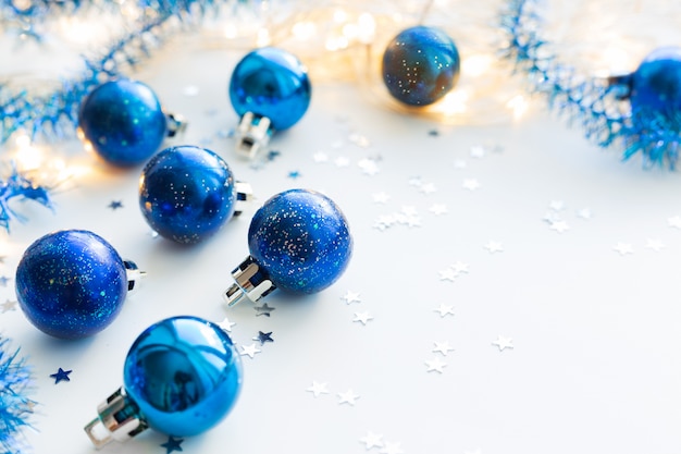 Christmas    blue decorative balls for Christmas tree. copyspace.