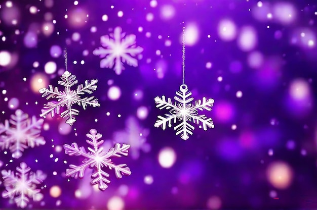 Christmas blurred background of complex defocused big and small falling snowflakes in purple colors