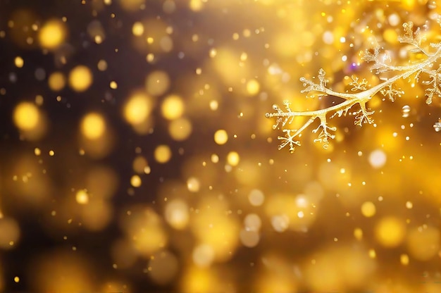 Christmas blurred background of complex defocused big and small falling snowflakes in yellow colors