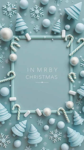 Christmas border with christmas elements with pastel light blue copy space