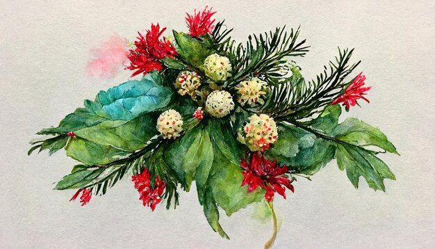 Christmas bouquet with poinsettia berries in red and blue tones watercolor Generative Ai