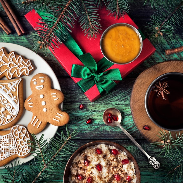 Christmas breakfast with cookies porridge and tea