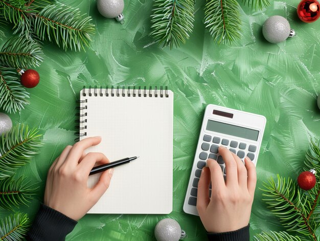 Photo christmas budget planning person writing christmas list and using calculator on green background