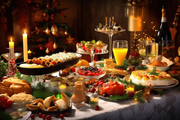 Christmas buffet with food and drinks for guests to enjoy created with generative ai