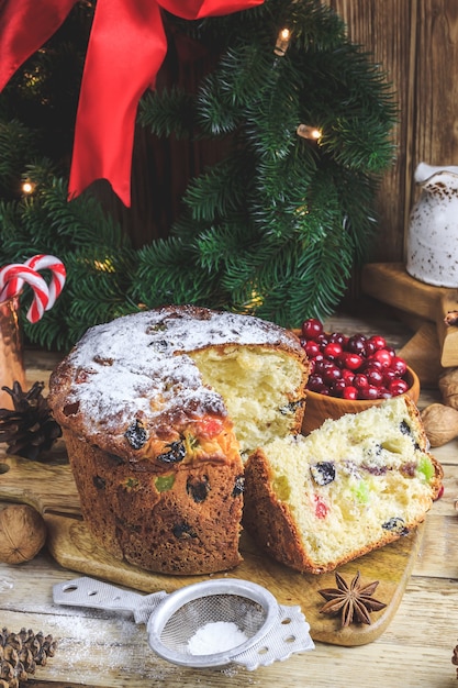 Christmas cake panettone and Christmas decorations