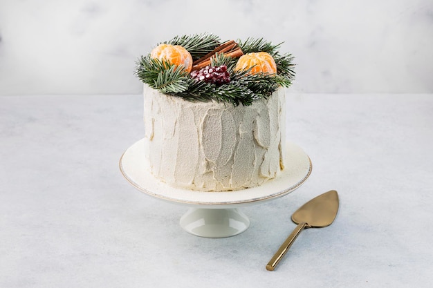 Christmas cake on white cake stand Copy space