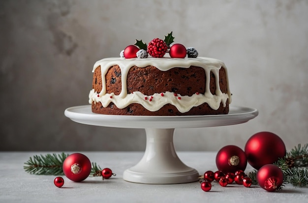 Christmas cake on white cake stand copy space