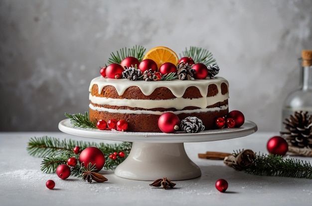 Christmas cake on white cake stand copy space