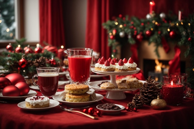 Christmas cake with berries and cup of coffee on the background of the Christmas tree