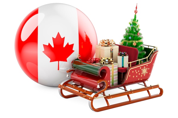 Christmas in Canada concept Christmas Santa sleigh full of gifts with Canadian flag 3D rendering