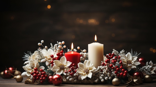 Christmas candle arrangement with flowers new year and advent concept christmas card