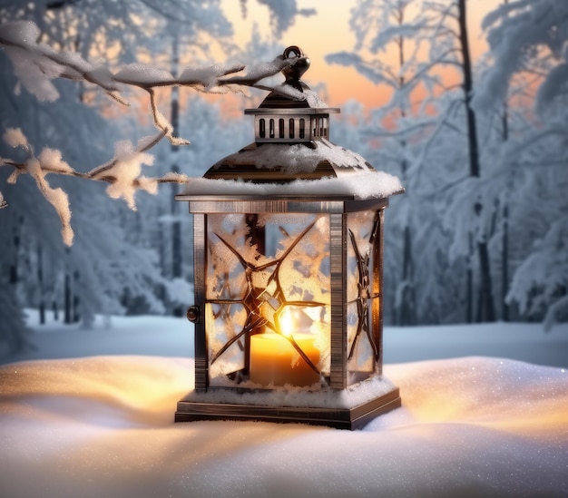 Christmas candle Lantern in winter garden snowy evening landscape christmas holiday background atmosphere festive winter still life Generative AI generative AI