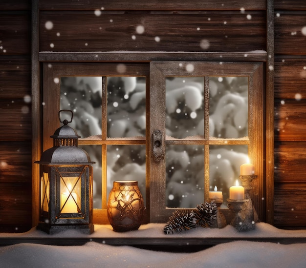 Christmas candle Lantern in winter garden snowy evening landscape christmas holiday background atmosphere festive winter still life