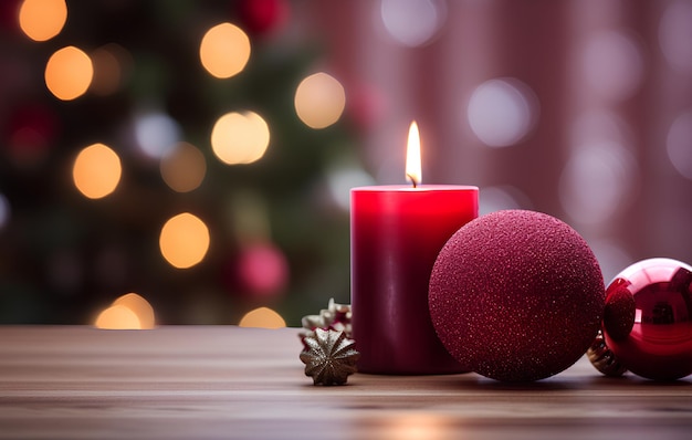 Christmas Candle on Table in Front of Christmas Tree