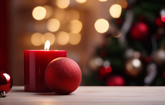 Christmas Candle on Table in Front of Christmas Tree