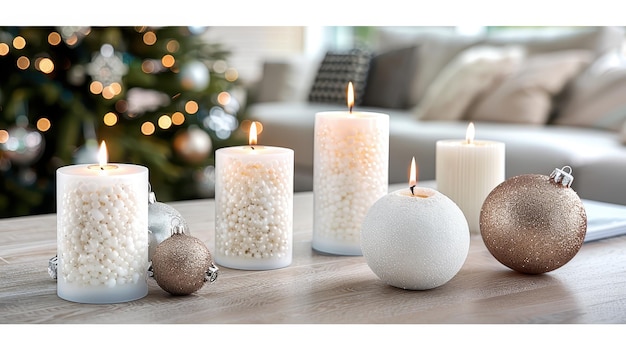 Christmas Candles and Ornaments on Wooden Table