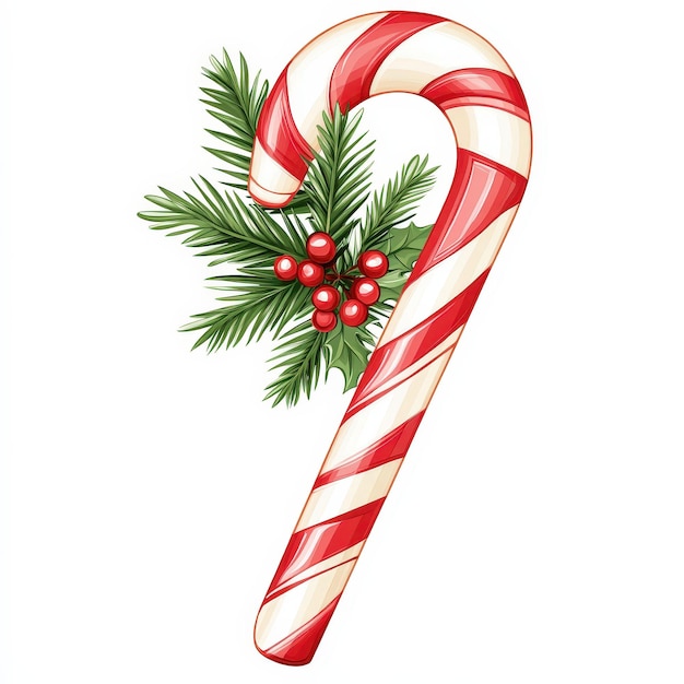 Christmas Candy Cane with Holly and Pine Sprigs