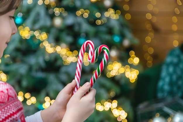 Christmas candy canes in the hands of a child. Selective focus. Holiday.