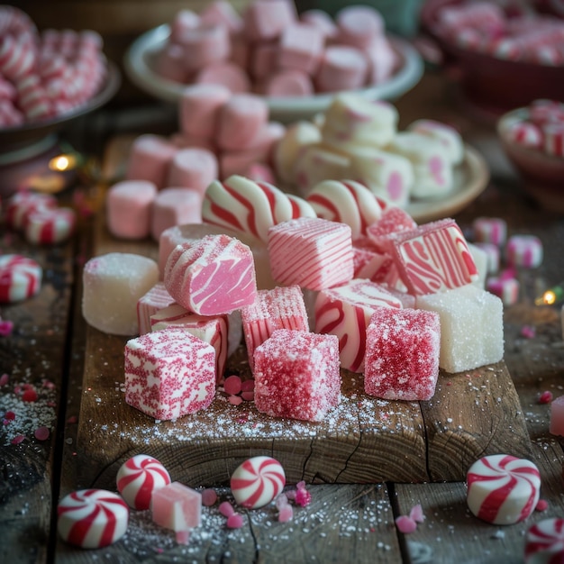 Photo christmas candy in pink and white on cozy living room coffee table