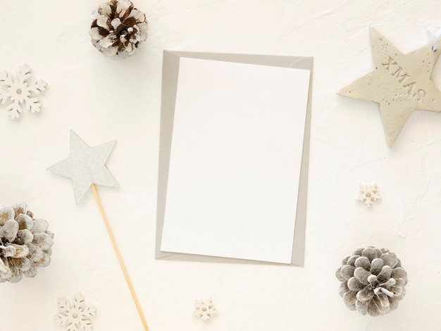 Christmas card banner mockup winter copy space letter decorated with silver stars and pine cones