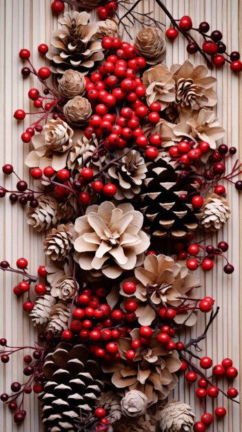 Christmas card decorated with pine cones and cranberries Generative AI