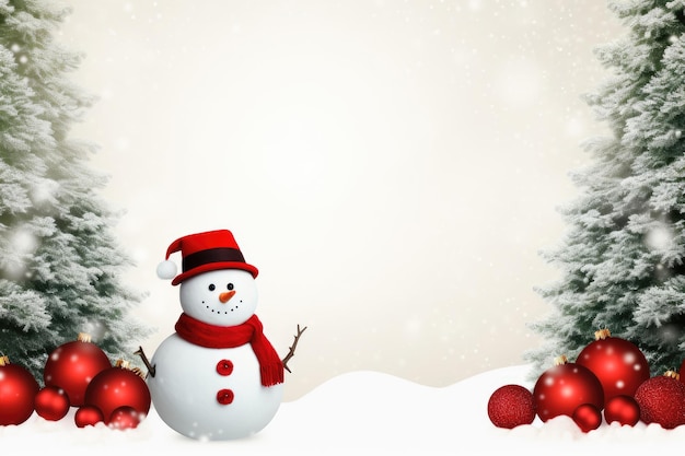 Christmas card design with snowman and fir tree with red Christmas balls