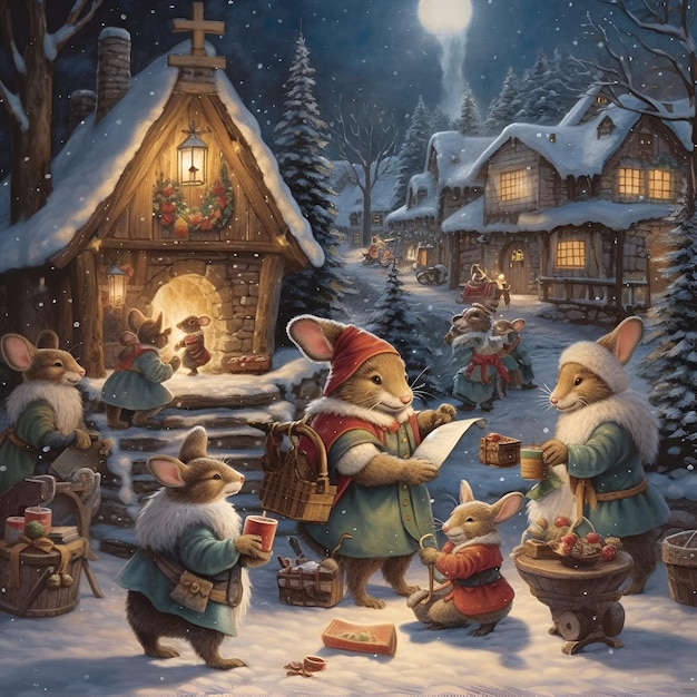 A christmas card featuring a group of mice painting by person