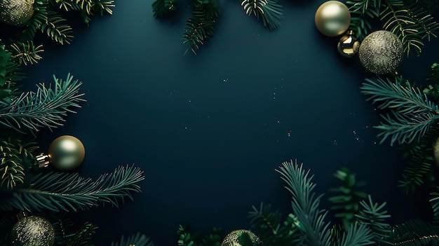 Christmas card Frame borders made of gold balls decorations fir branches on dark blu Generative AI