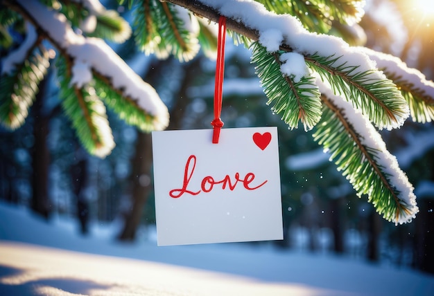 a christmas card hanging on a tree with the words love in red