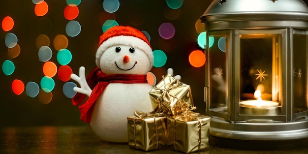 Christmas card a snowman a lantern with candles bright shiny boxes with gifts and blurry lights