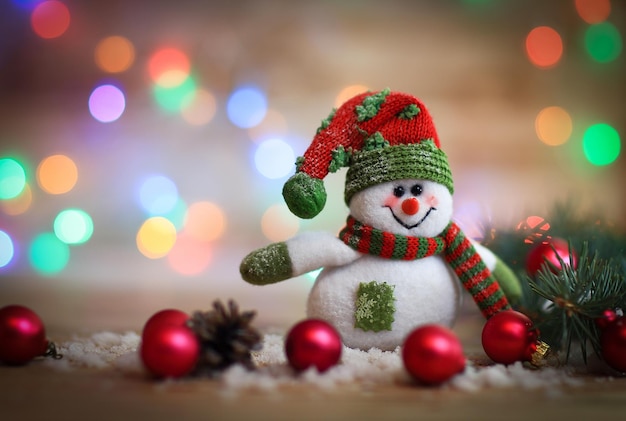 Christmas card toy snowman on Christmas background