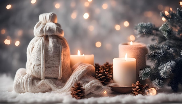 a christmas card with a candle and a candle in the background