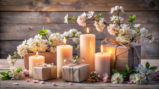 a christmas card with candles and flowers on a wooden background