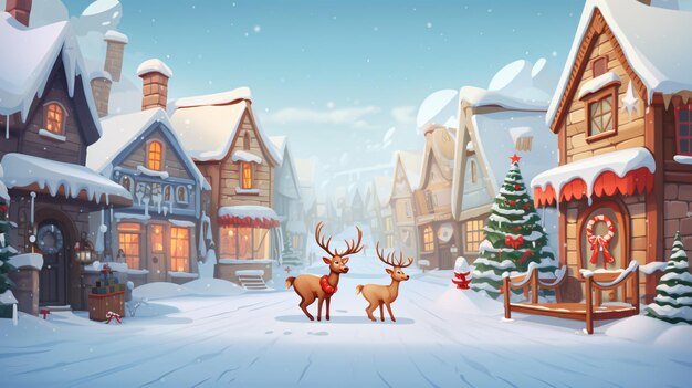 a christmas card with deer in front of a house with a sign that says  happy christmas