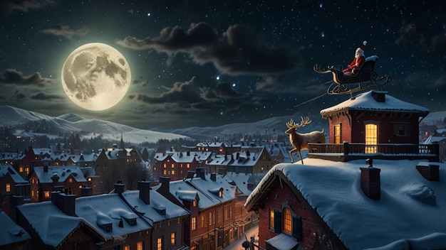 a christmas card with a deer on the roof and a full moon in the sky