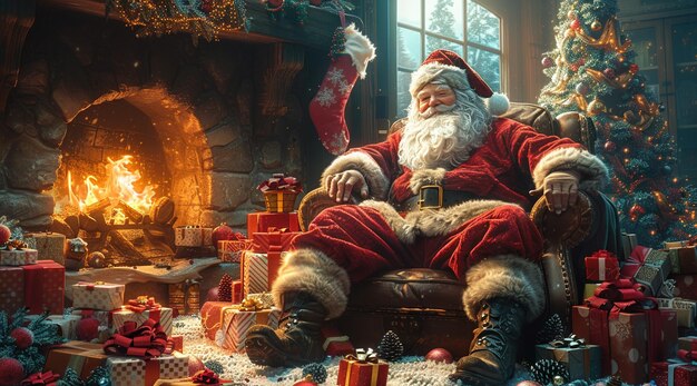 Photo a christmas card with a fireplace and a santa claus sitting in a chair