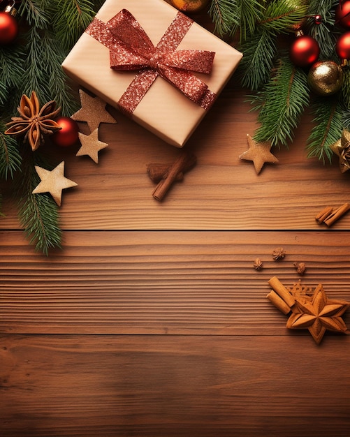 a christmas card with a gift box and a red bow on the wooden background