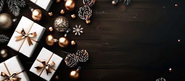 a christmas card with a gold decoration and a gift box with snowflakes on it